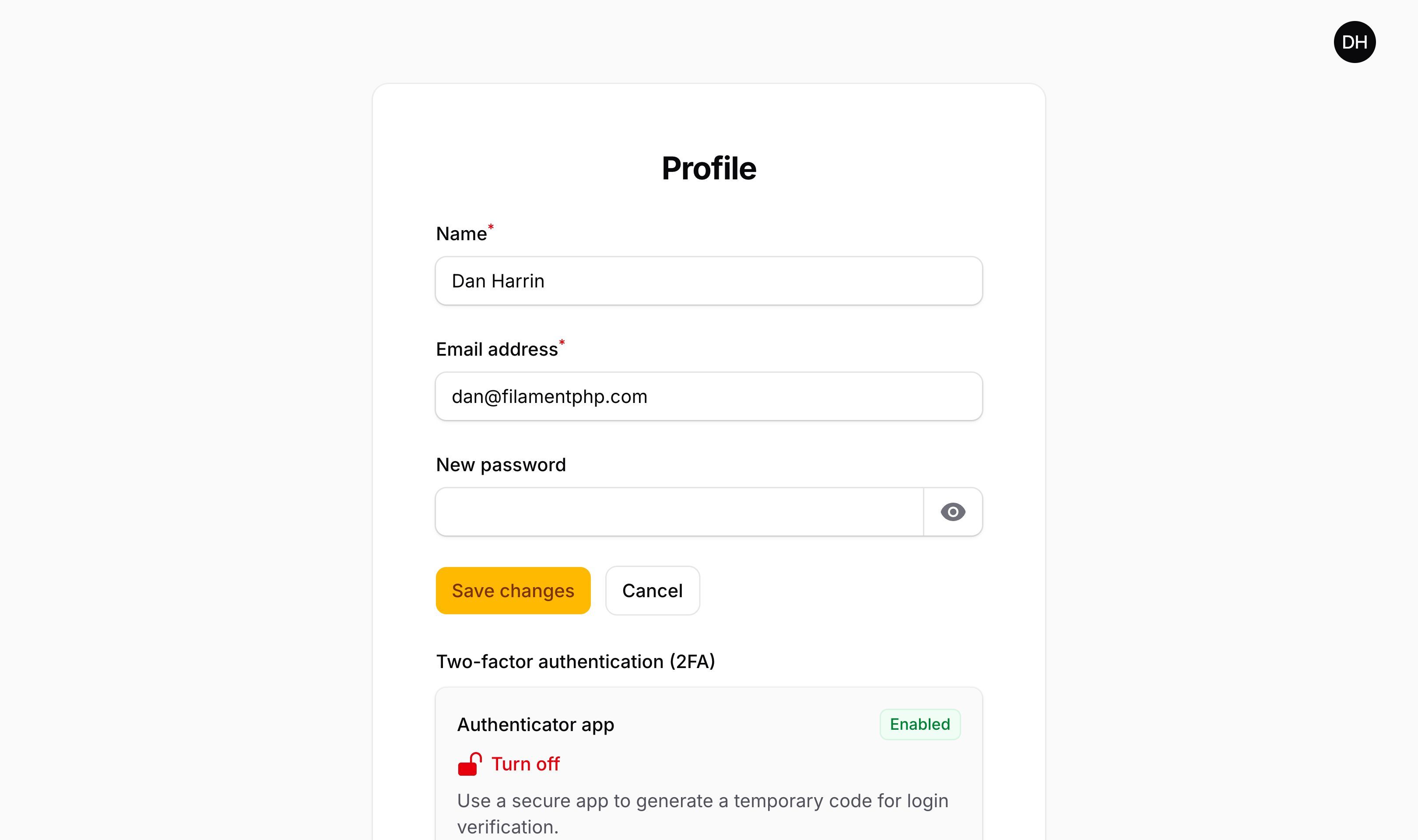 The default profile page