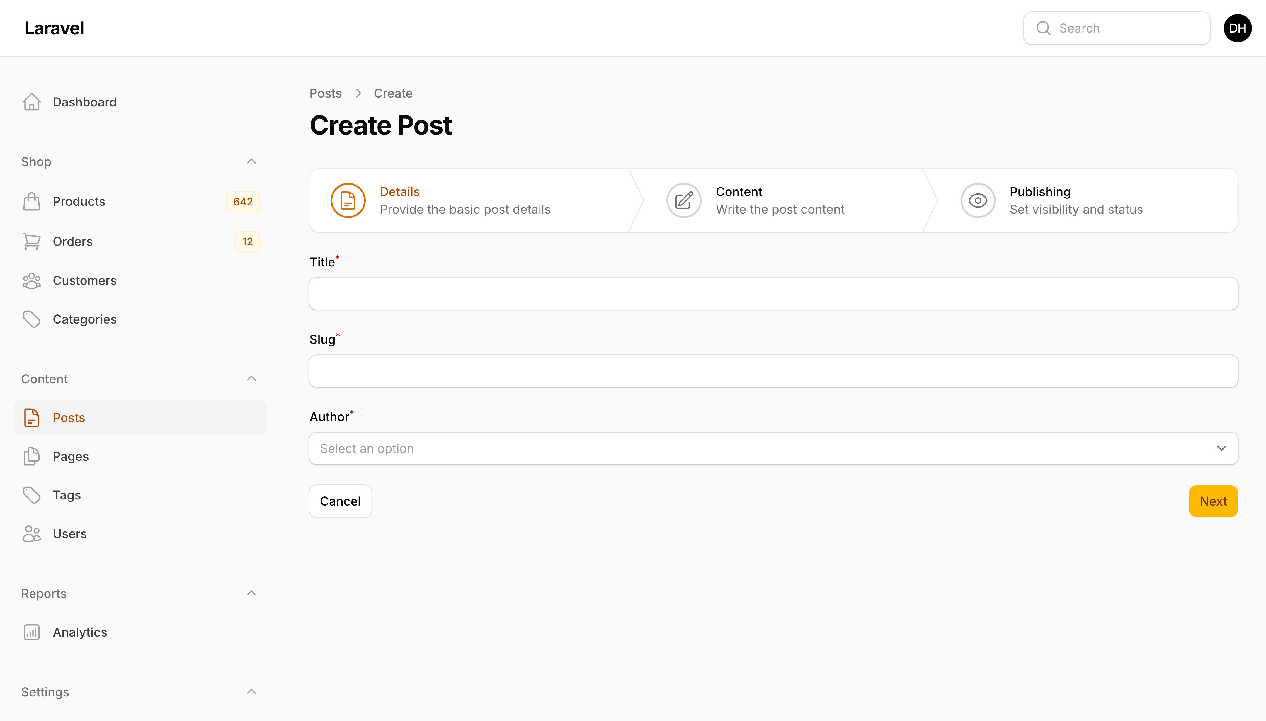 Resource create page with wizard