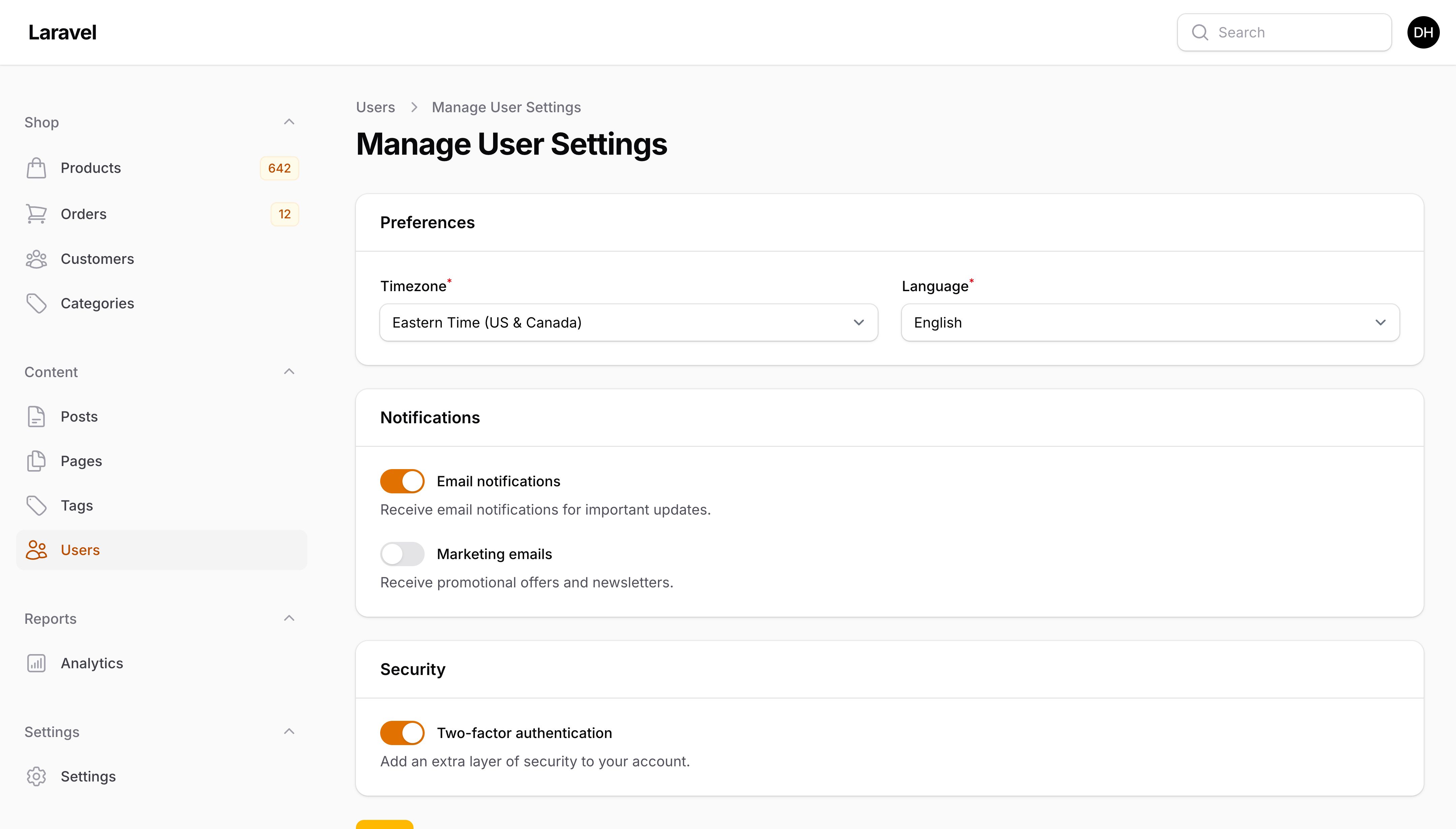 A custom resource page with a settings form
