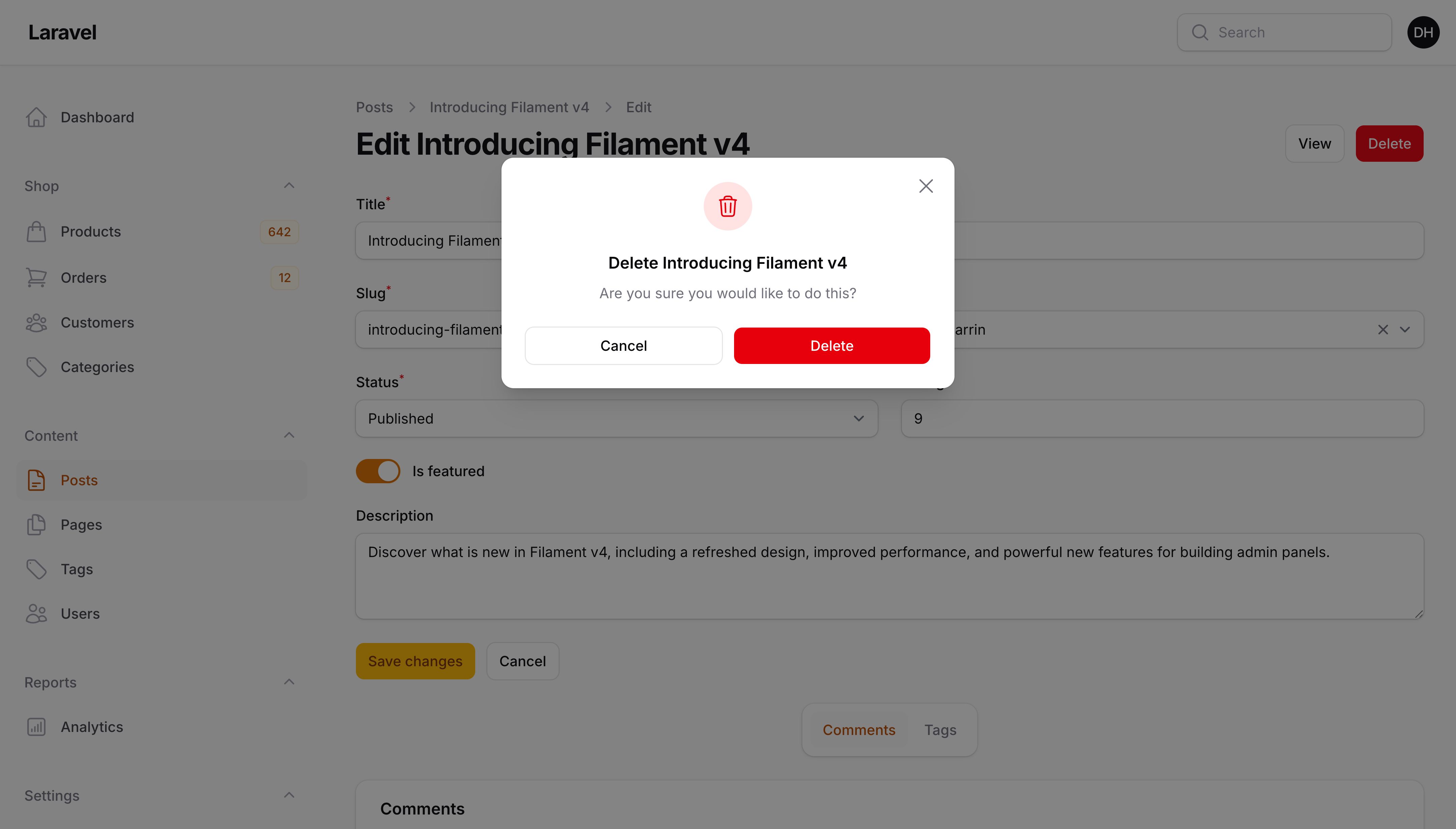 A delete confirmation modal
