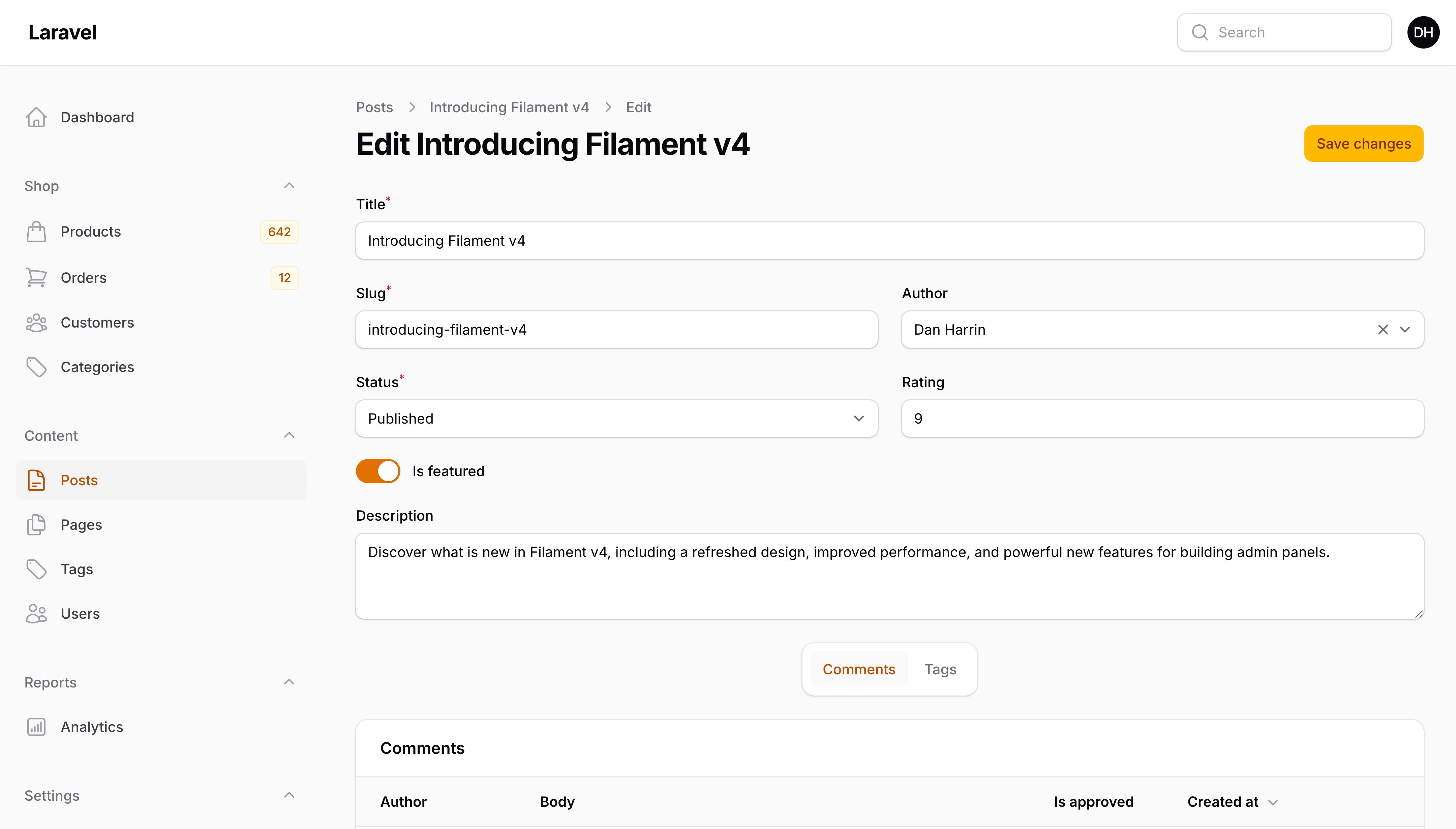 Resource edit page with save action in the header