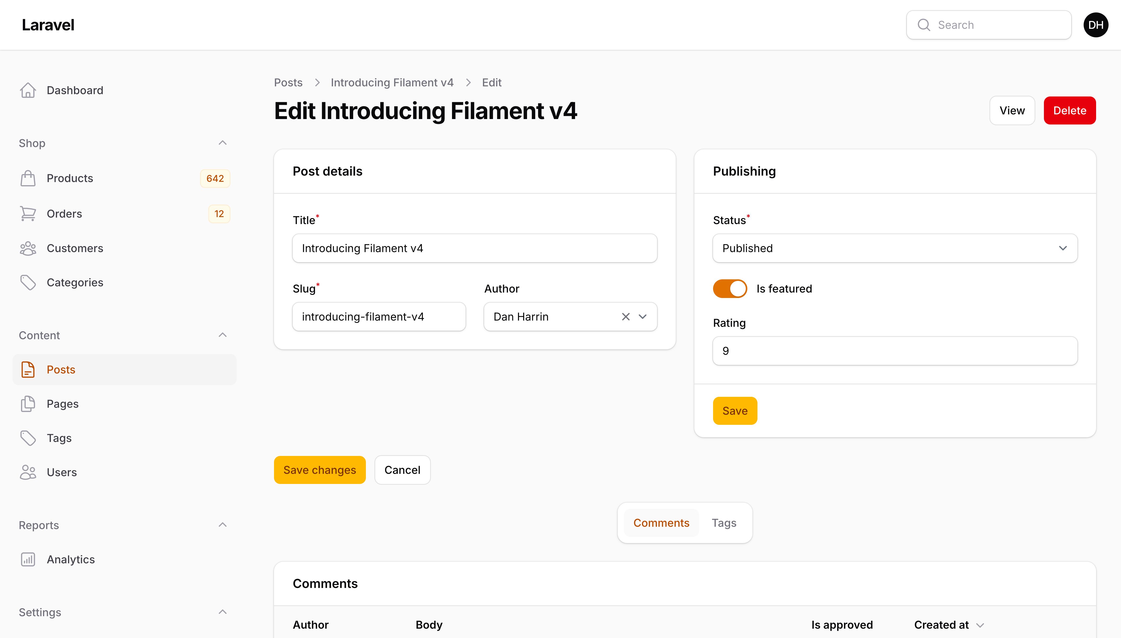 Resource edit page with section footer save action