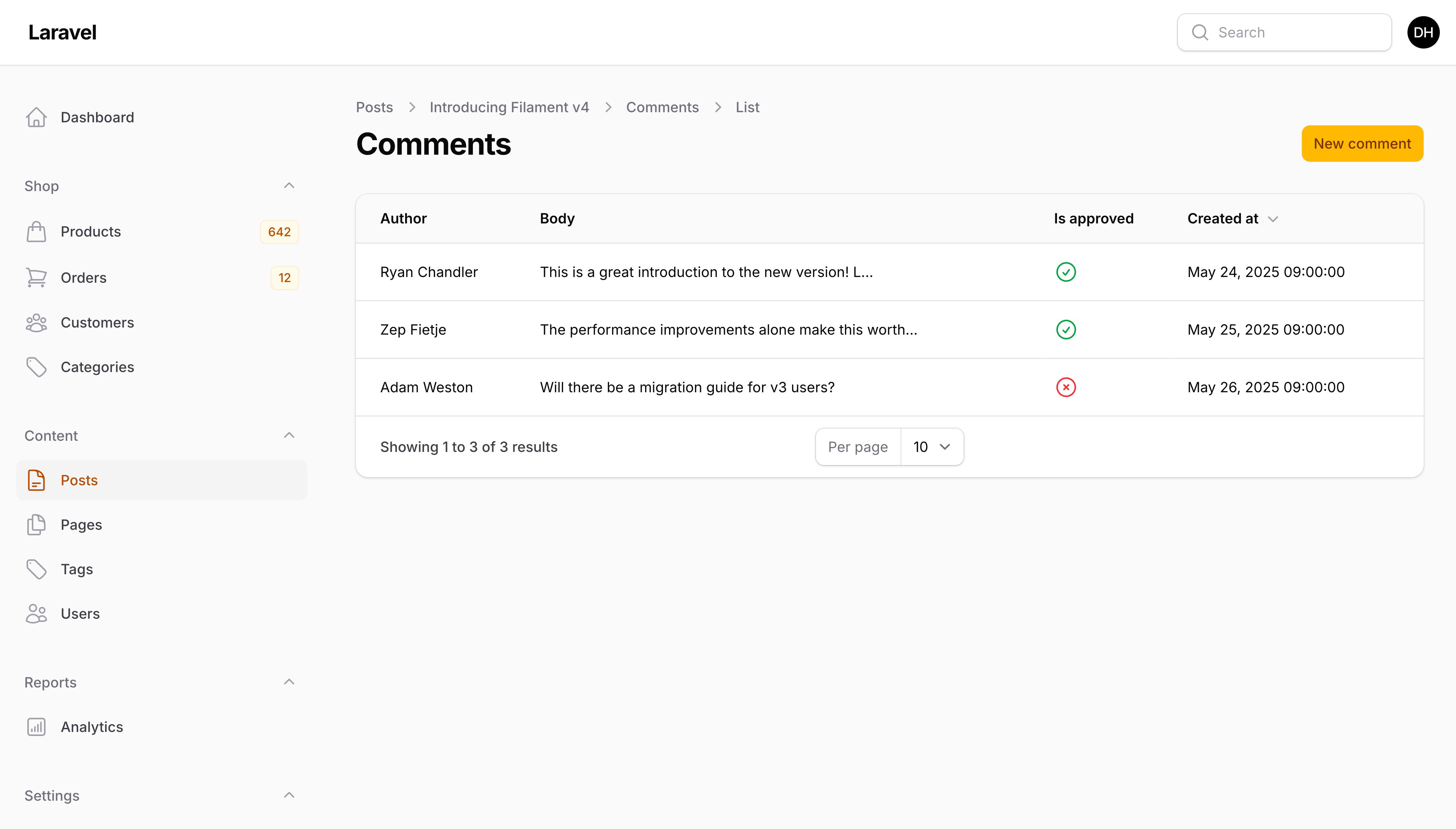 A nested resource listing comments under a post
