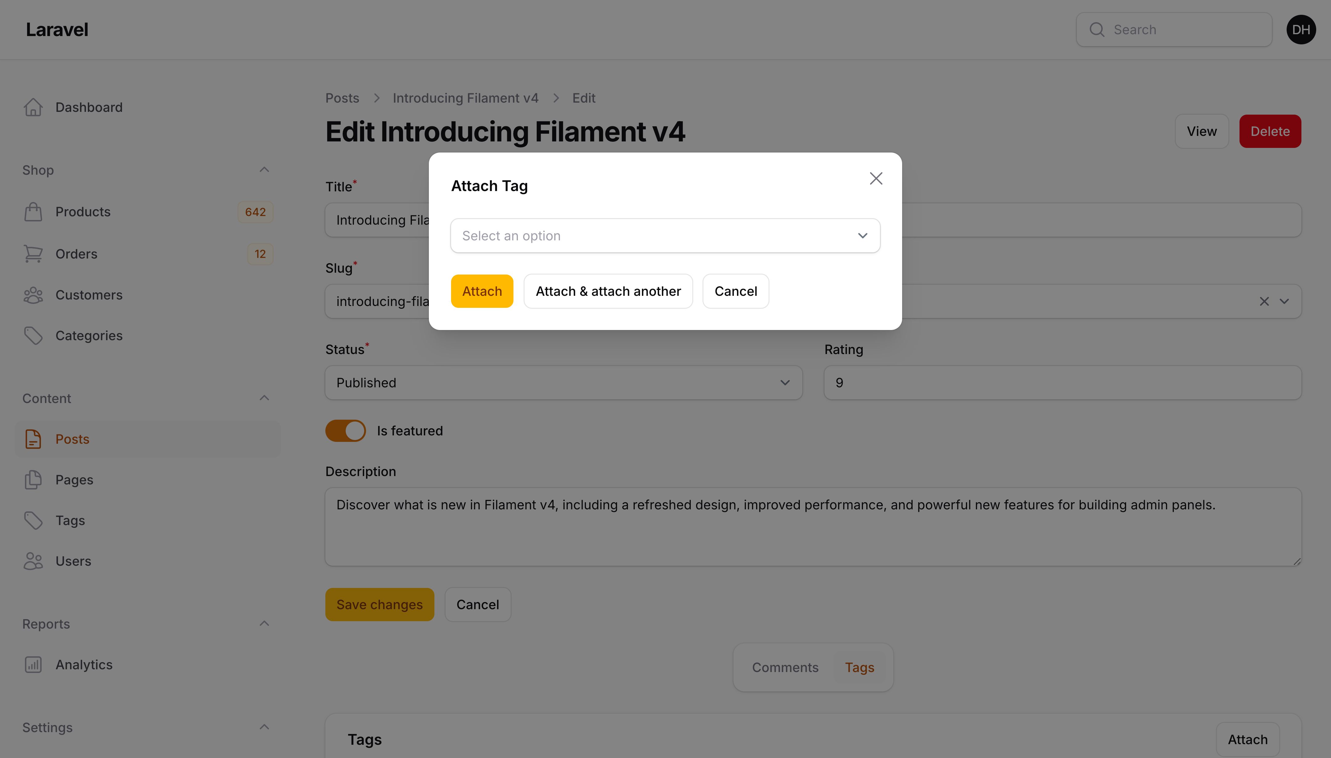 Relation manager attach modal