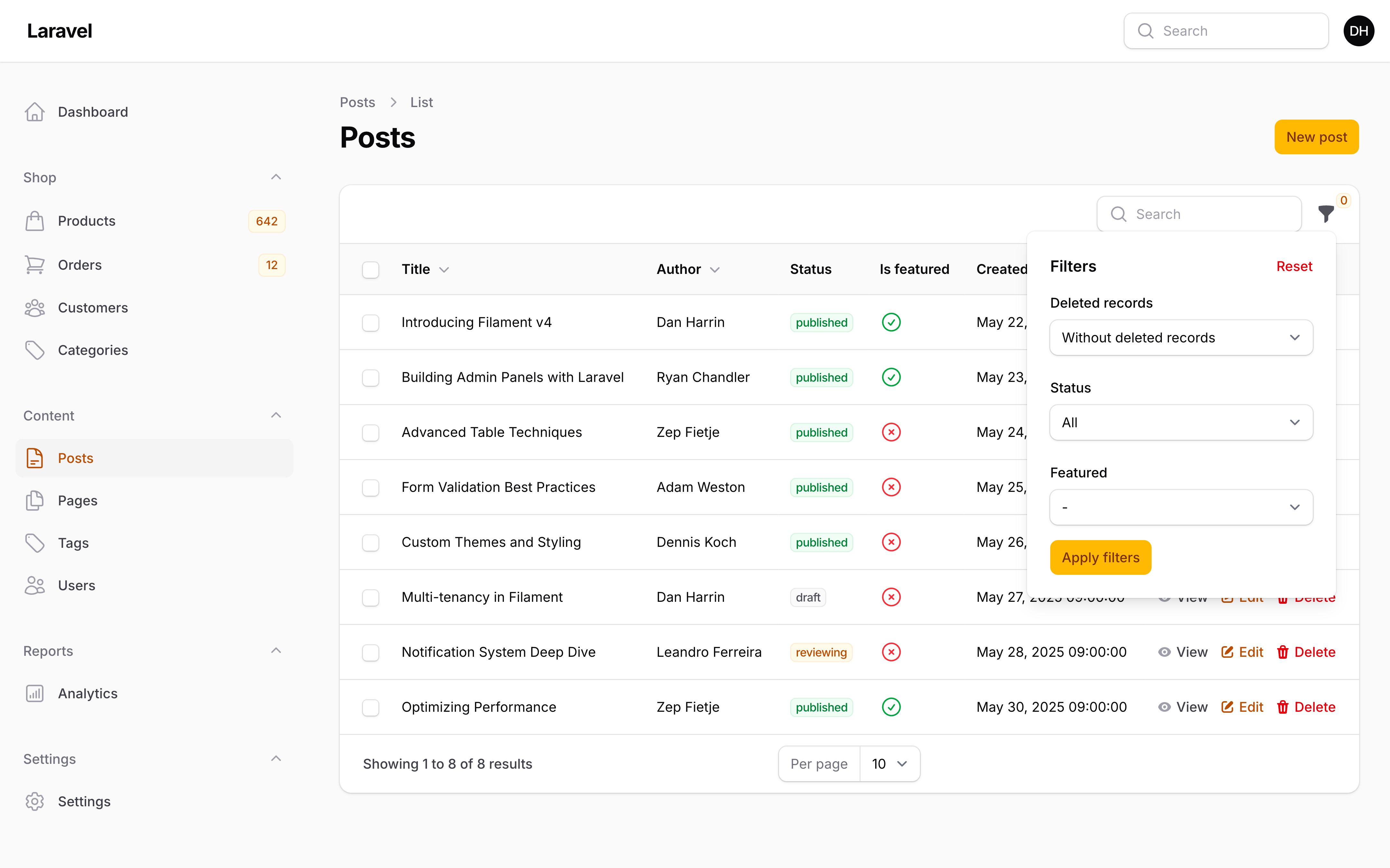 A resource listing with the trashed filter