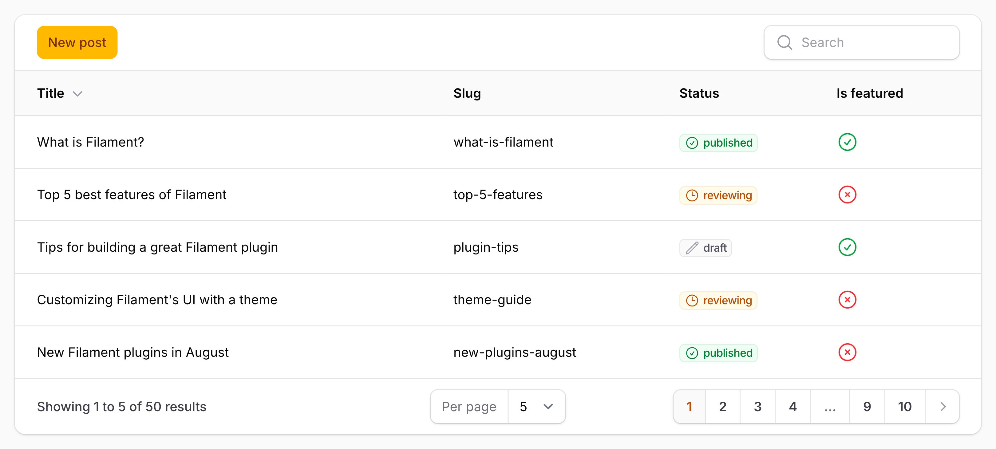 Table with toolbar actions