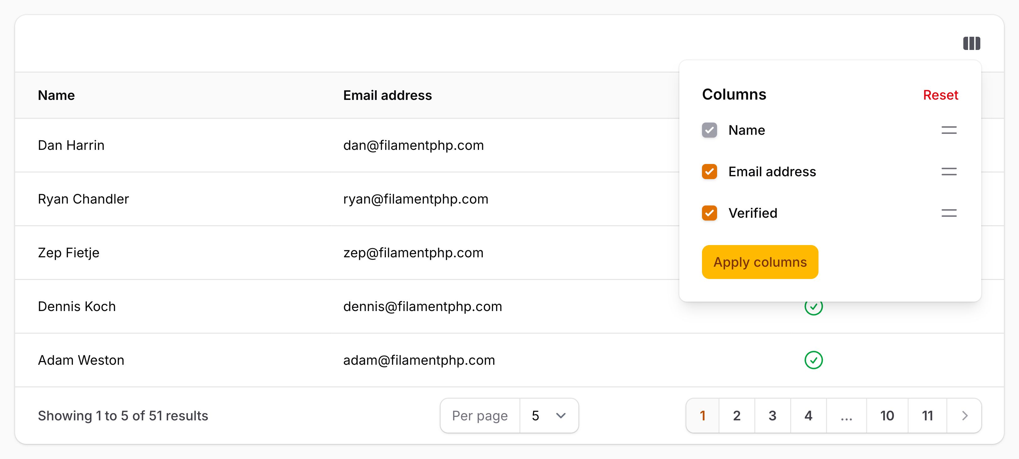 Table with reorderable column manager