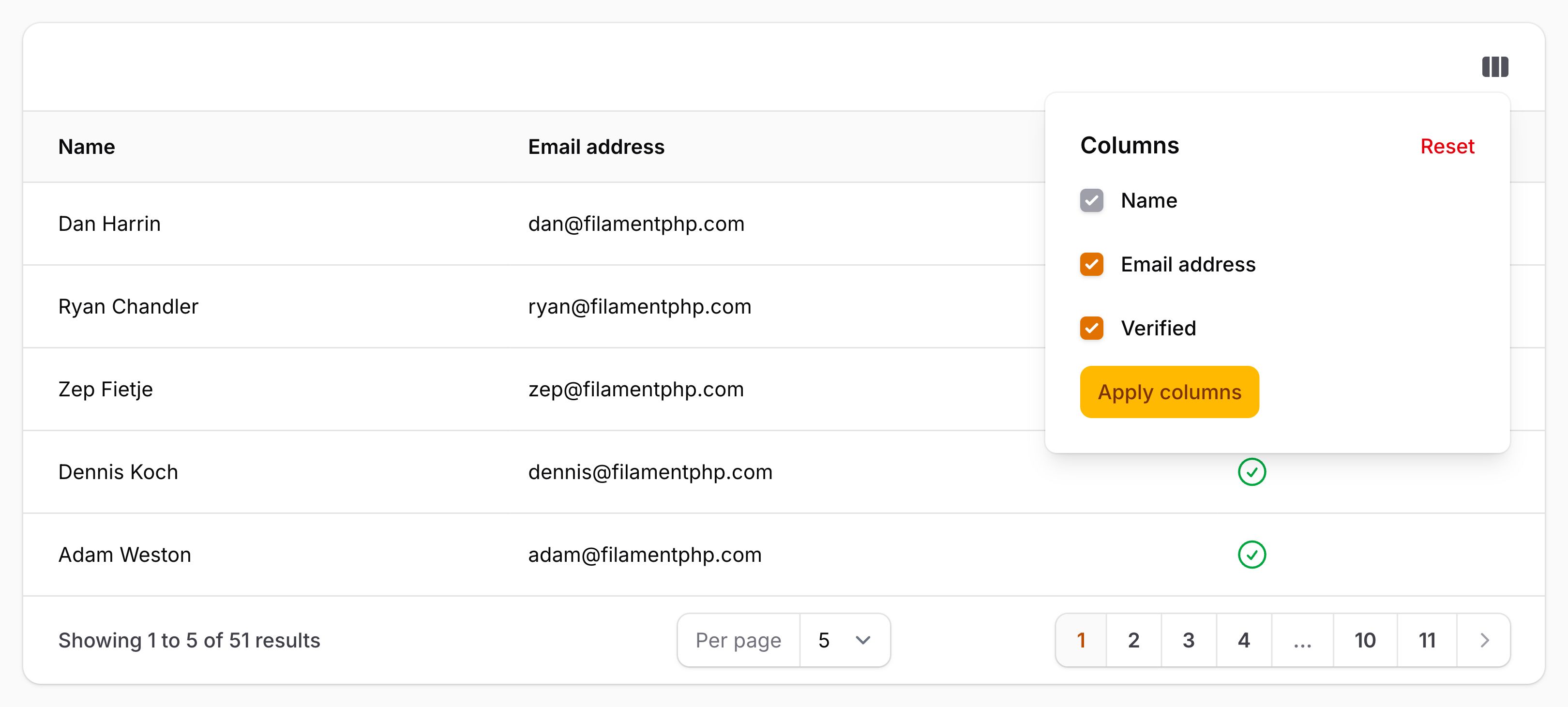 Table with column manager