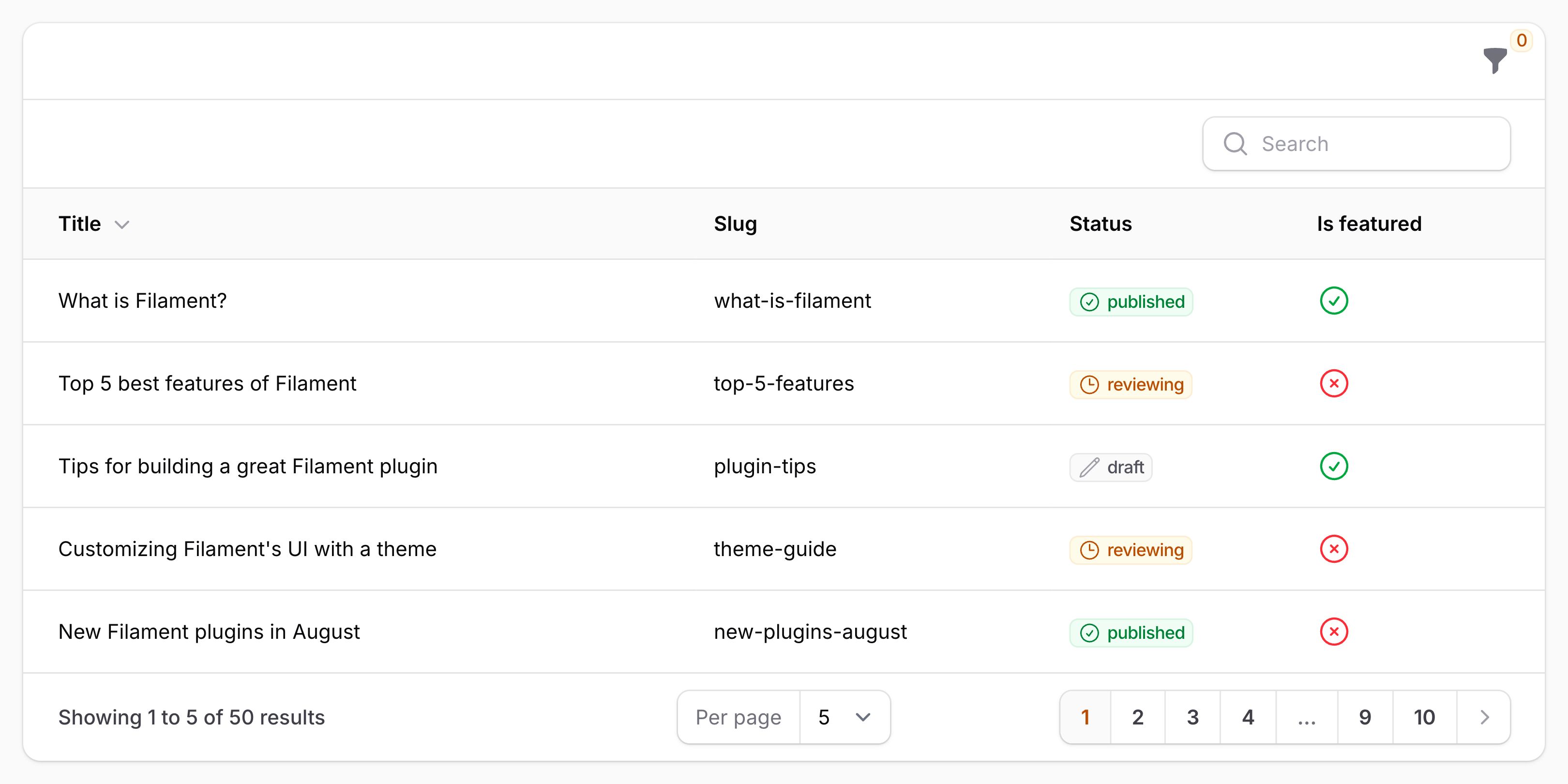 Table with collapsible filters above content