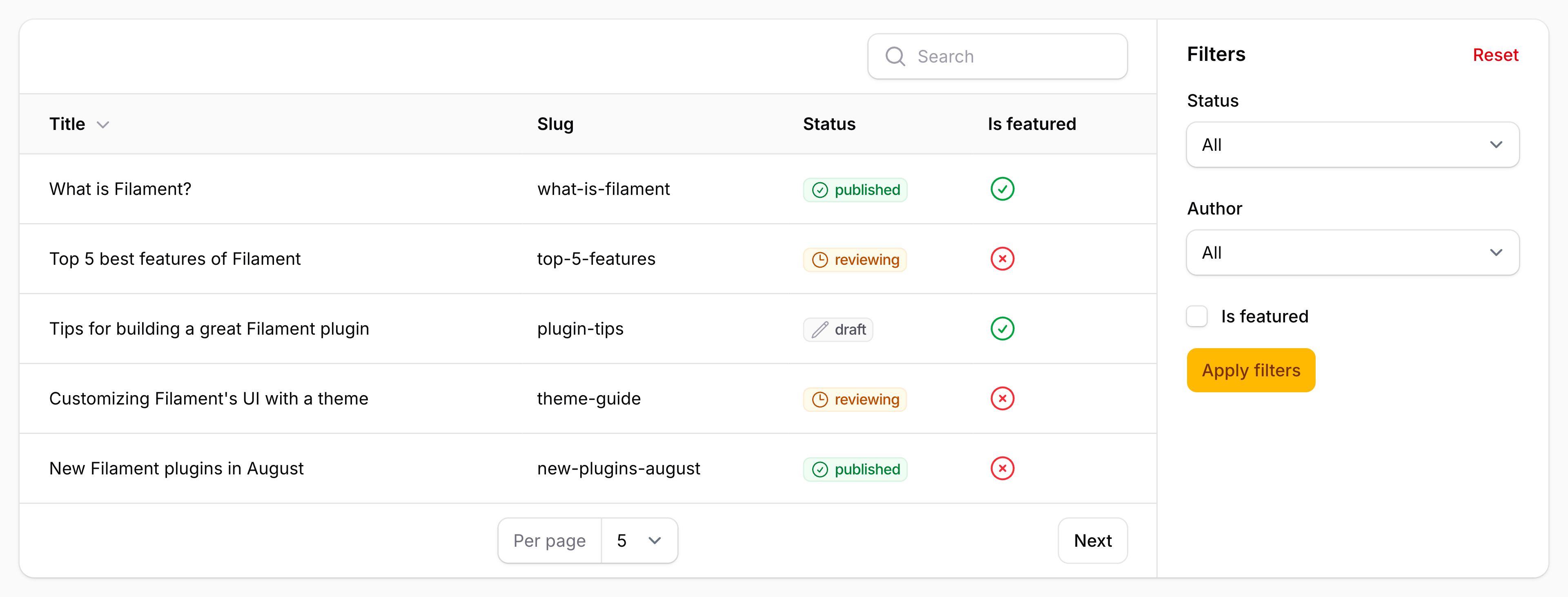 Table with filters after content