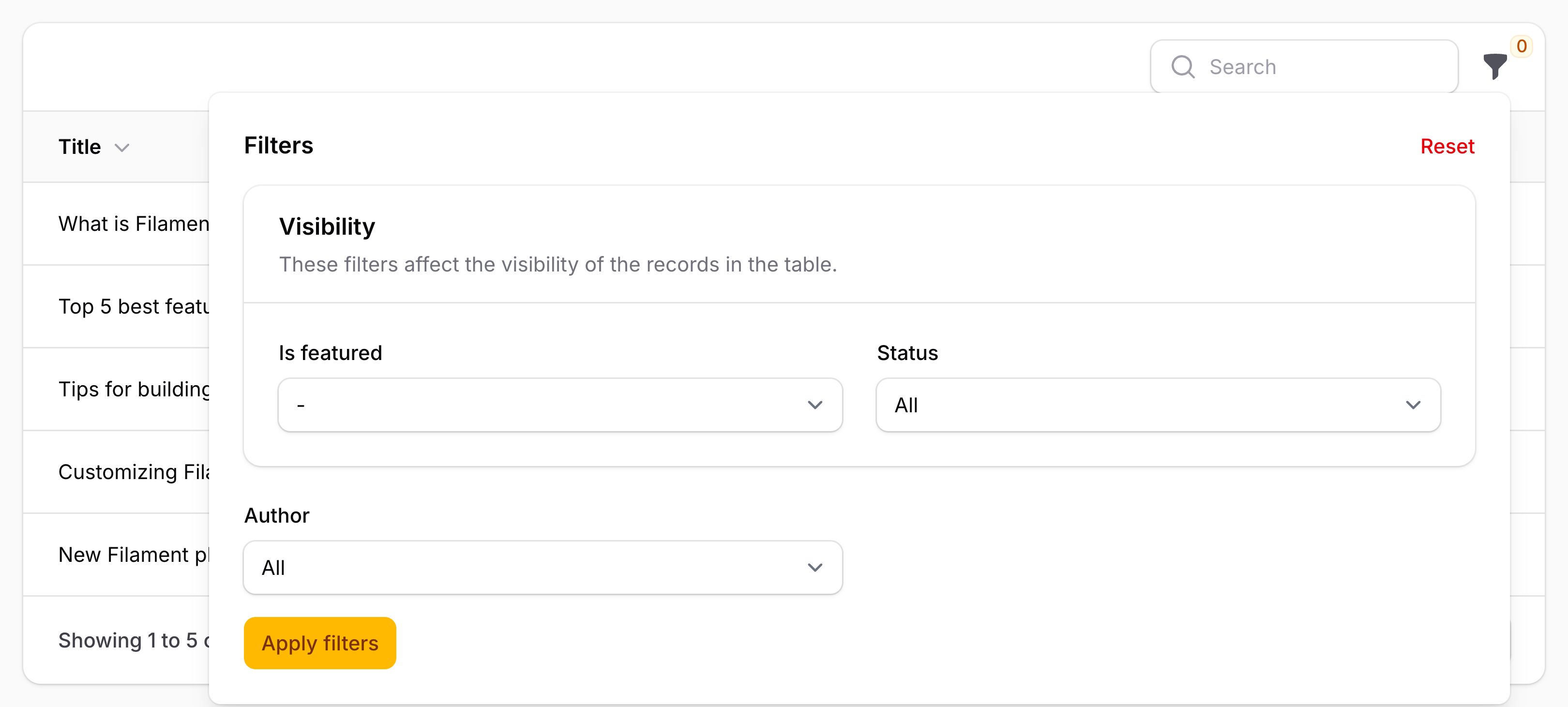 Table with custom filter form schema