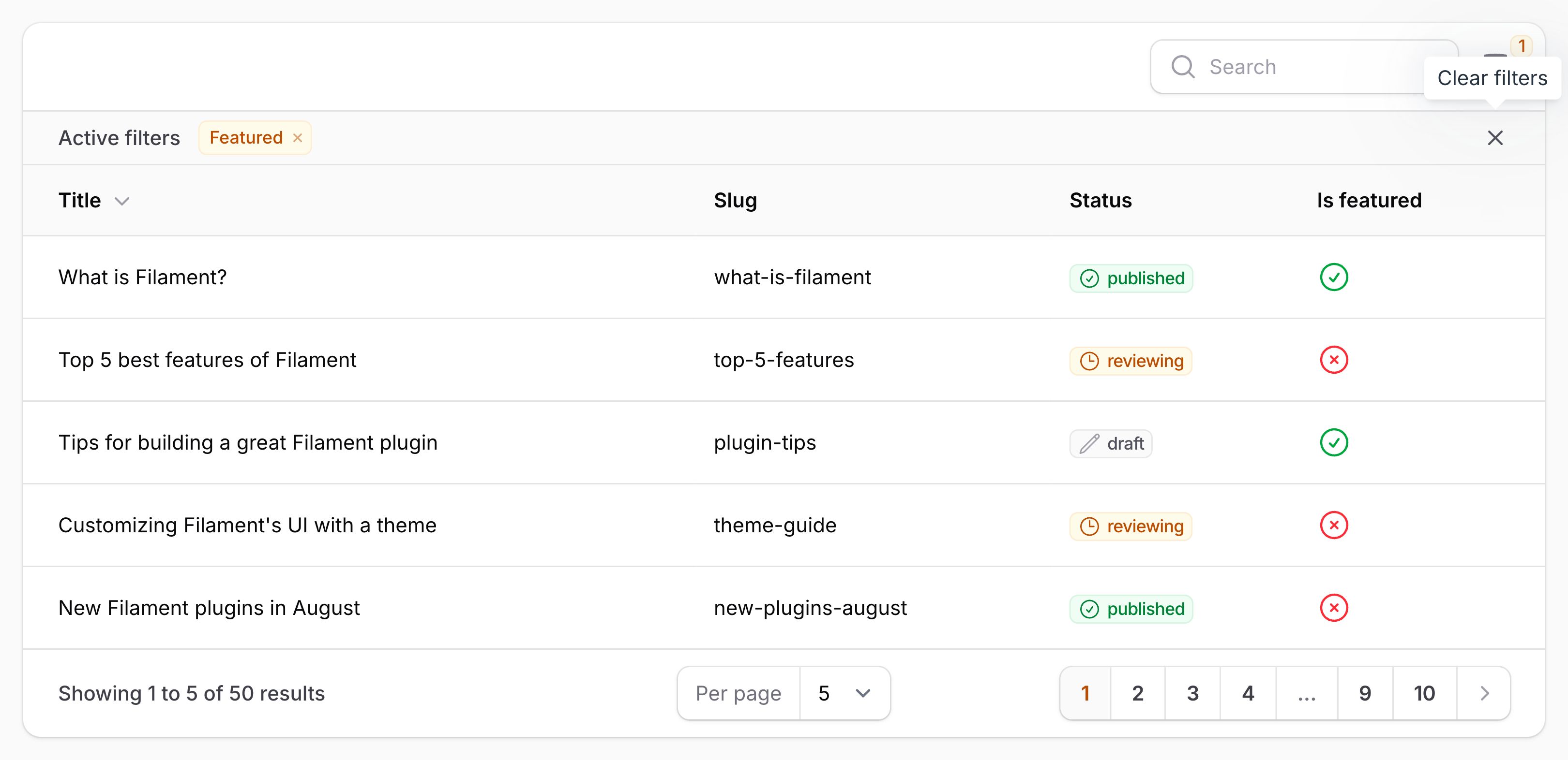 Table with custom filters remove all action