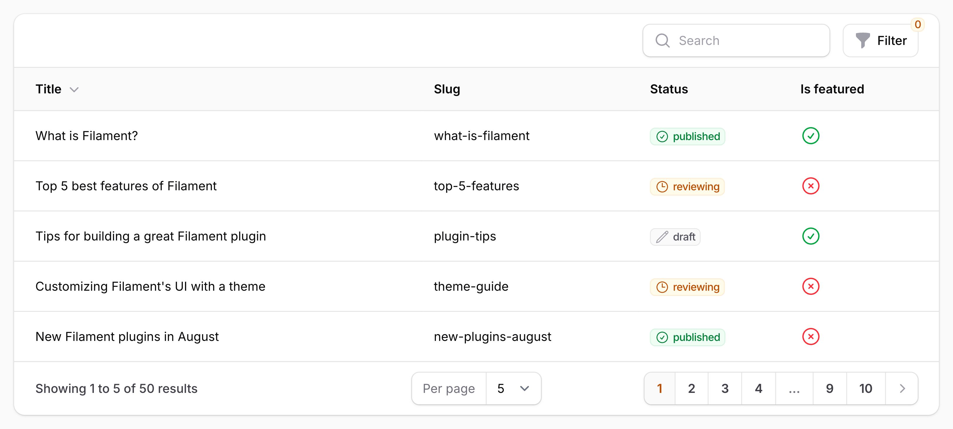 Table with custom filters trigger action