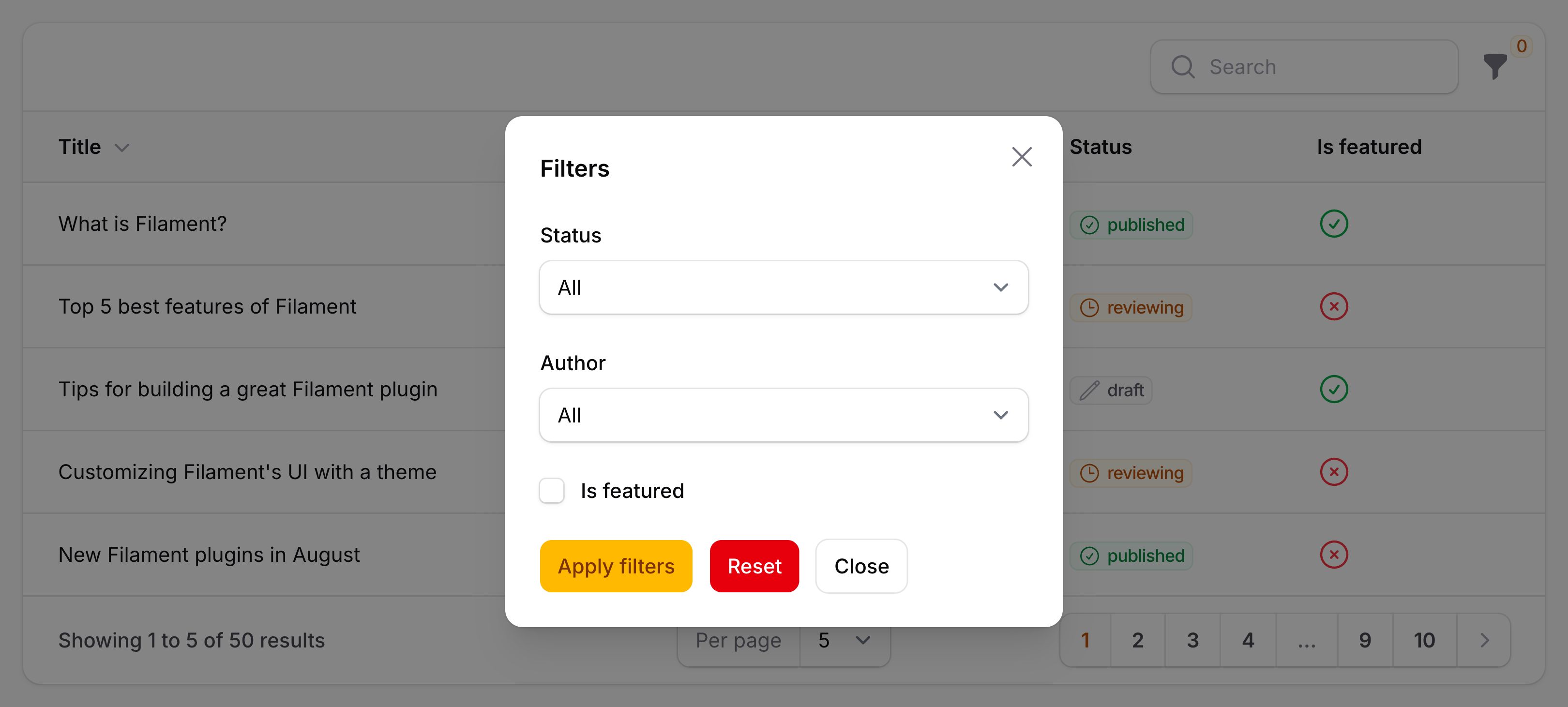 Table with filters in a modal