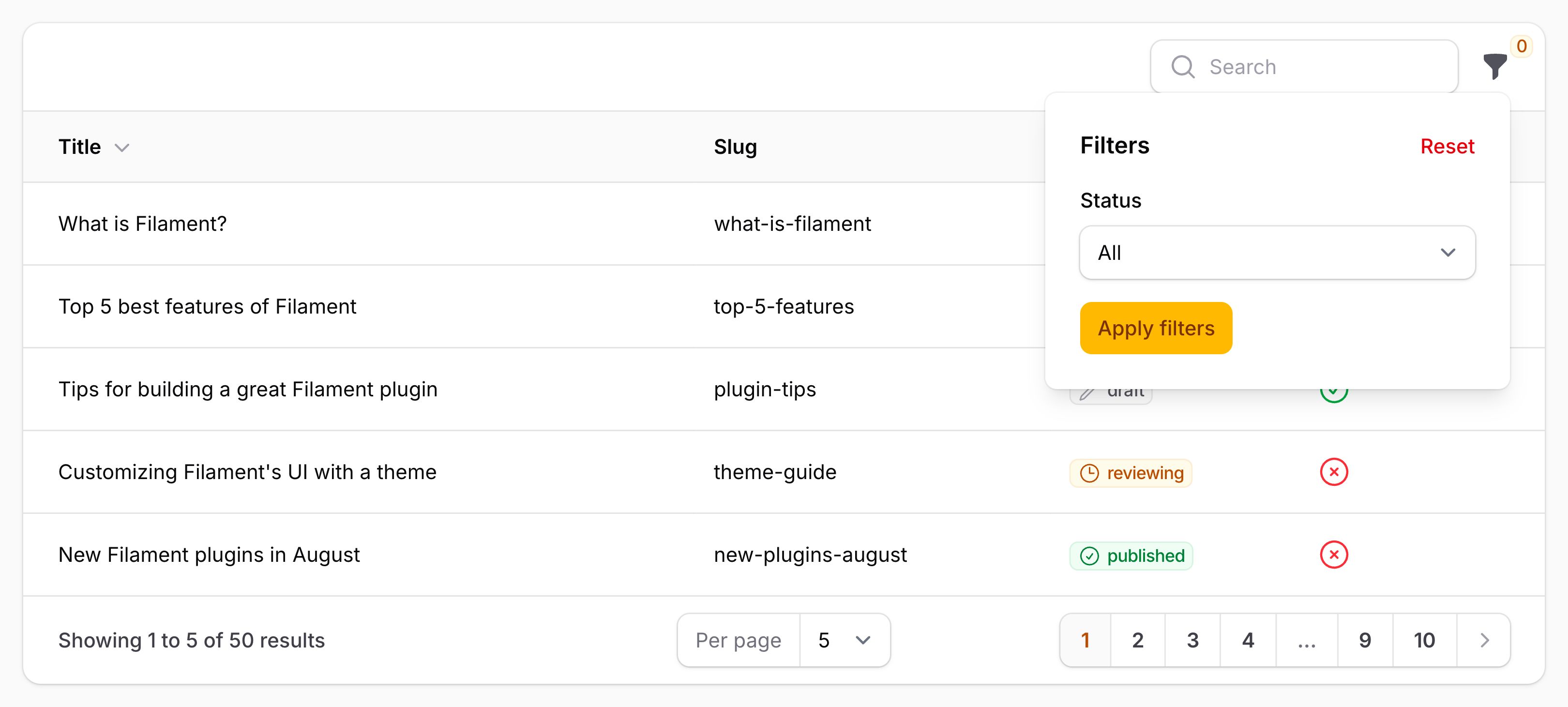 Table with select filter