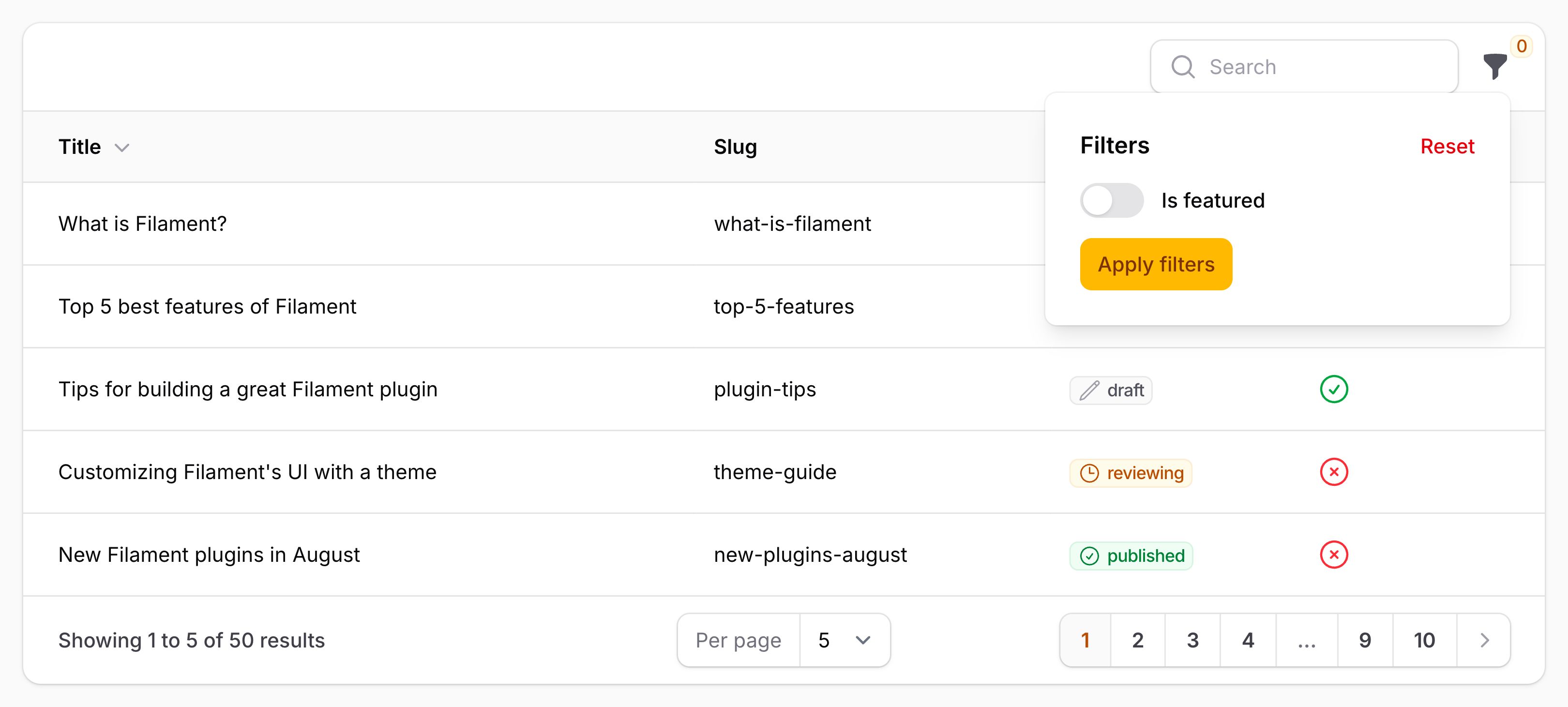 Table with toggle filter