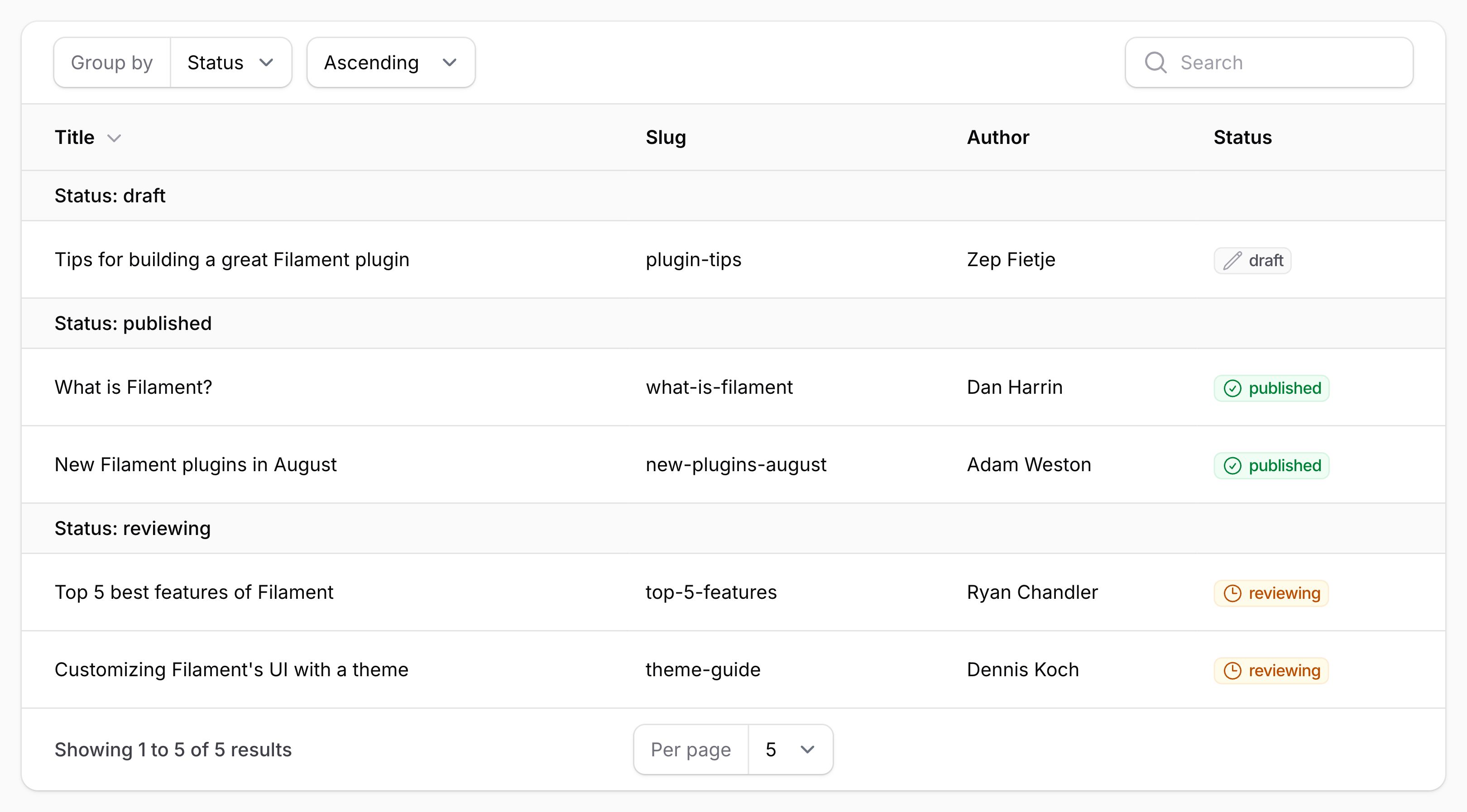 Table with selectable grouping