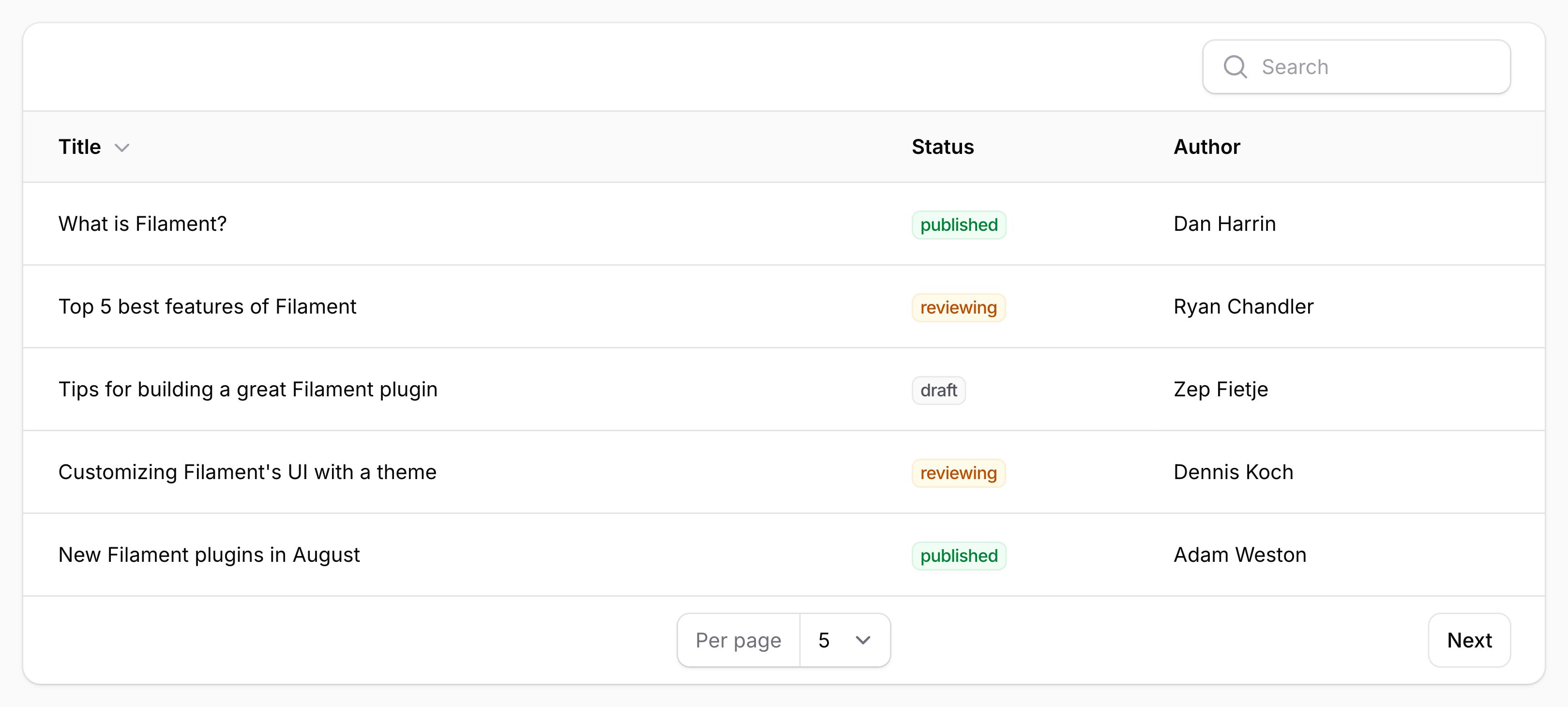 Table with cursor pagination